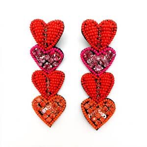 NEW ALLIE BEADS multi heart beaded drop earrings in red